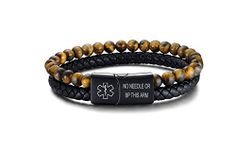 NO NEEDLE OR BP THIS ARM Medical Alert ID Two-Strand Braided Leather Cuff Wristband Rope Bracelet with Magnetic Clasp for Men Boys,Brown