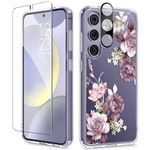 GVIEWIN Compatible with Samsung S24 Case Galaxy 6.2" 2024, with Screen Protector & Camera Lens Protector, Non-Yellow Flower Clear Hard PC+Soft TPU Shockproof Protective Cover, Cherry Blossoms/Purple