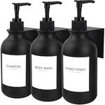 Ezebesta Pack of 3 Wall-Mounted Black 500ml Soap Lotion Pump Dispensers with 22 Labels and 3 Wall-Mounted Rack Bathroom Organization