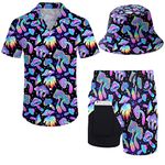 ZePinger Men's 80s Shirt and Shorts Set 80s 90s outfit 90s Shirt Suits with Bucket Hats, Magic Mushrooms Psychedelic Colourful, Large