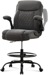 Drafting Chair Tall Office Chair for Standing Desk, Ergonomic High Office Chair with Adjustable Foot Ring, Flip-Up Armrests, Lumbar Support, Comfortable Fabric Seat for Home or Drawing Use – Gray