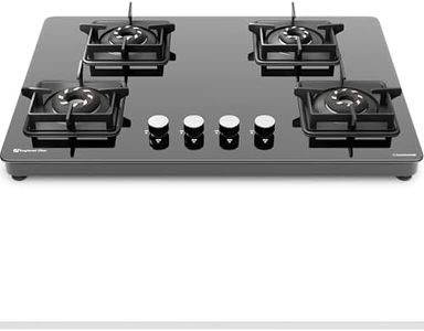 Sunshine Magnite 4 Burner | Slimmest 4 Burner Glass Gas Stove | Hob Top Cooktop | Tempered Glass, 360° Rotating Brass Gas Nozzle | Manual Ignition | LPG Ready & PNG Compatible (Premium - Black)