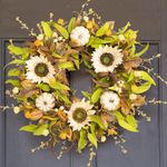 Perfnique 55cm Fall Wreath For Porch Door, Autumn Pumpkin Front Door Wreath, Sunflower Wreath Home Outdoor Indoor Window Wall Decor, Fall Thanksgiving Halloween Harvest Decorations (White Pumpkin)