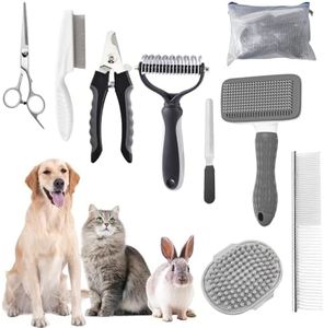 Dog Brush for Shedding,9 PCS in One Pet Slicker Hair Brush Kit with Pet Nail Clipper and File - Dog Cat Grooming Deshedding Undercoat Rake Brush Comb for All Small Large Dogs Cats (9-Grey)