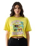 The Souled Store Official Spongebob: Running Away Women and Girls Oversize Fit Half Sleeve Graphic Printed Cotton Yellow Color Cropped Top