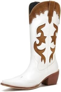 ElegaStep Women's Cowboy Boots Patchwork Mid-Calf Cowgirl Boots Pointd Toe Wide Calf Western Boots Pull On White US 10.5