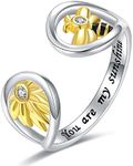 WOUOVO Sunflower Bee Rings for Women - 925 Sterling Silver Adjustable Ring You are My Sunshine Ring Chrismas Mother's Day Birthday Jewery Gift for Teen Girls MOM