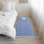 HOMEMONDE Pit Loom Area Rug Runner, Cotton Diamond Design Bedside Runner Carpet, Hand Woven Washable Floor Mats - (Blue & White, 2 x 6 Feet)