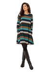 Roman Originals Tunic Dress with Pockets for Women UK Ladies Swing Fit & Flare Skater Slouch Stretchy Casual Smart Winter Jersey Pull On Relaxed Work Office 3/4 Long Sleeves - Teal & Brown - Size 14