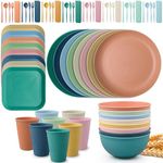 72 Pcs Wheat Straw Dinnerware Sets,Unbreakable Microwave Safe Dinnerware,Lightweight Reusable Bowls with Plates,Cups,Knives,Forks and Spoons Utensil Set for Camping,RV Dishes (A Set of 8)
