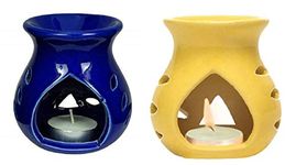 Mkd2 Rise Ceramic Clay Candle Operated Aroma Burner Oil Diffuser Lamp (Yellow & Blue) -Set of 2