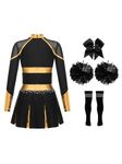 Miaeowve 4 Pcs Girl Cheerleading Uniform Dress Cheer Leader Costume Cosplay Outfits for Kids Halloween Carnival Dress up Gold&Black 7-8 Years