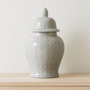 Ceramic Temple Jar Vase for Living Room and Home Decor - Modern Decorative Flower Vase for Room, Bedroom, or Office Display - Table Decor Accent for Console or House Decor - 11", Ivory & White