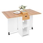 Mondeer Mobile Folding Dining Table, Drop Leaf Table with 1 Drawer and 2 Open Storage Shelves for Small Space Dining Room Kitchen, White & Red oak