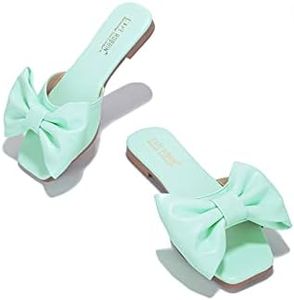 Cape Robbin Juju Sandals Slides for Women - Women Mules Slip On Shoes with Bow, Summer Flats with Bow, Sandals with Bows for Women - Mint Size 7.5