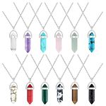 JeweBella 12 Pcs Hexagonal Crystal Necklaces for Women Men Bullet Shape Gemstone Pendant Necklaces Amethyst Rose Quartz Turquoise Crystal Pendant Necklaces Quartz Stones Pendants Necklaces Set