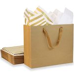 12 Pcs Brown Gift Bags with Tissue Paper, Large Paper Bags with Cotton Handles, 250GMS Thickened Kraft Paper Bag Set, Great for Party Bags, Celebrations， Thanksgiving, Birthday, 32x11.5x28cm