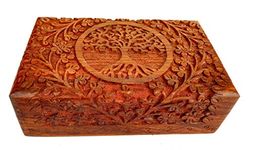 Ajuny Handcarved Wooden Decorative Treasure Chest Box Tree Pattern - Multipurpose Use As Jewelry Storage, Watch Box, Great for Gifts - Brown, 8X5 Inch