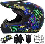 Motocross Helmet Adult Full Face Helmet MTB with Goggles/Gloves/Mask/Helmet Net, Youth Kids Downhill Off-Road Motorcycle Crash Helmet, ATV BMX Quad Bike Enduro Racing Dirt Bike Helmet, S-XL (52-59CM)