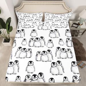 Penguin Bedding Set Queen Size for Kids Boys Girls Antarctic Animal Sheet Set Cartoon Style Penguin Illustration Fitted Sheet for Children Teens Adult Grey White and Black Bed Sheets(No Top Sheet)