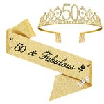 50th Birthday Sash and Tiara, 50 Birthday Rhinestone Crown Birthday Gift for Girls 50th birthday decorations (Gold)