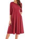 GRACE KARIN Fit and Flare Dresses for Women 2024 3/4 Sleeve Swing A Line Tshirt Dresses with Pocket Wine Red M