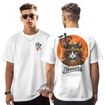 Peppyzone Samurai Cat 100% Cotton Printed Oversized Tshirt for Men (XL, White)