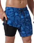 Arcweg Men's Swimming Shorts with Compression Liner Mens Swimming Trunks 2 in 1 Swim Shorts with Lining with Zipper Pockets Quick Dry Surfing Stretchy Beach Shorts Navy Blue Leaf L(UK