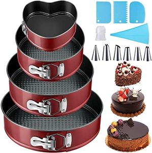 Tonsooze Molde Desmontable de Repostería Redondos 4 Piezas para Pasteles 12/18/22/26 cm Capa Revestimiento Antiadherente, con Boquillas para Manga Pastelera Set, Raspadores Tartas