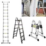 3.8M / 1.9M+ 1.9M Foldable Ladders A Frame Aluminium Extendable Extension 16 Steps150kg Max. Capacity Multipurpose Climb Ladder Portable Loft Attic for Business Home Work DIY Builder