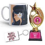 Gifts Bucket Mothers Day Gift Combo Mom Power Ceramic Coffee Mug, Trophy and Keychain - 3 Piece, Black, 320 ml