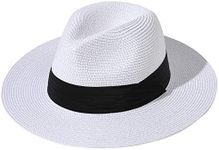 Lanzom Women Wide Brim Straw Panama Roll up Hat Fedora Beach Sun Hat UPF50+ (White)