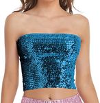 Fenyong Womens Sparkly Sequin Mermaid Crop Tops, Strapless Metallic Tube Tops for Party Clubwear, Sky Blue, Medium