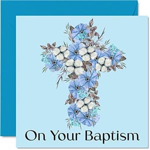 Baptism Cards for Boys Him - On Your Baptism - Floral Crucifix Good Luck Congratulations Baptism Card, First Communion Baptism Gifts for Boys, 145mm x 145mm Christian Gifts Religious Greeting Cards