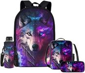 Upetstory 4 Pcs/set Kids School Backpack with Lunch Bag Pencilcase Water Bottle Sleeve, Cool Wolf, Daypack Backpacks