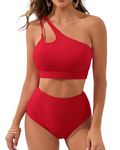 Minmaxmum Bikini for Women High Waist Bikini Bottom Two Piece Bathing Suits One Shoulder Cut Out Bikini Top Swimsuits Red L