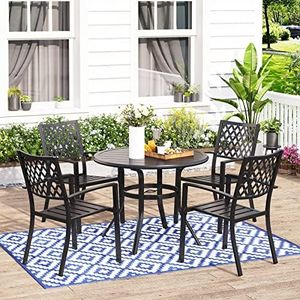 MFSTUDIO 5 Piece Outdoor Metal Patio Dining Set, 4 Wrought Iron Chairs and 37.8" Round Table with 1.57" Umbrella Hole for Garden, Lawn, Poolside, Balcony, Black