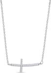 Jewel Zone US White Cubic Zirconia Micro Pave Sideways Curved Cross Pendant Necklace in14k White Gold Over Sterling Silver