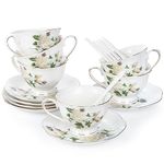 Foraineam Tea Cup and Saucer Set, Porcelain Ivory Floral Coffee Cups with Saucers and Spoons, 6 oz Tea Cup Set with Gold Trim, Latte Cups and Espresso Mug for Coffee Drinks, Latte and Tea, Set of 6