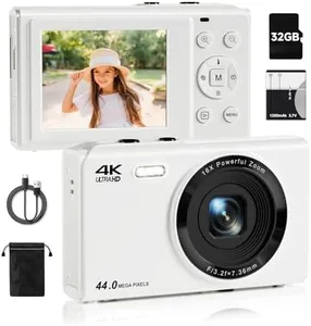 Upgrade Digital Camera, FHD 4K 44MP Autofocus Digital Point and Shoot YouTube Camera with 16X Zoom, 32GB SD Card, Compact Digital Camera Cheap for Teens Boys Girls Kids White