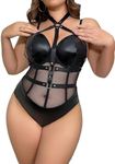 Milumia Lingerie for Women PU Leather One Piece Strappy Mesh Teddy Bodysuit