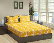 Trance Home Linen 200TC 100% Cotton 78"x42" Twin Bed Size Elastic Fitted Bedsheet | Printed Twin Size Bed Elasticated Fitted Bedspread with 2 Pillow Covers (78x42 inch, Ginkgo Leaves Yellow White)