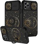 Goocrux (2in1) for iPhone 12 Pro Case Sun and Moon Stars for Women Girls Cute Space Phone Cover with Slide Camera Cover+Ring Holder Fashion Golden Print Design Cases for iPhone 12Pro 6.1''