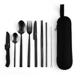 hecef Travel Cutlery Set, Portable Camping Cutlery Set for 1, Reusable 18/0 Stainless Steel Cutlery Set with Case (Black)