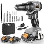 DYJPOW Cordless Drill Driver 21V, Brushless Cordless Hammer Drill with 2 Batteries 2000mAh, 20+3 Torque, 45N.m Max Electric Drill, 14PCS Drill Bits, 2 Speed, LED Light for Home, Garden DIY Project