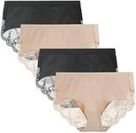 LIQQY Women's 4 Pack Combed Cotton Breathable High Rise Lace Full Coverage Brief Panty Underwear (Small, Black/Nude)