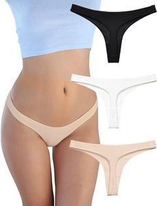 KUKU PANDA Womens Cotton Thongs Underwear Breathable No Show Cheeky Panties Tangas Sexy for Everyday Workout 3 Pack Set (Black White Beige, X-Small)