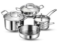 Vinod Classique Deluxe 7-Piece Stainless Steel Cookware Set | 1.8 L Kadai, 2.1 L Saucepan, 3.8 L Saucepot, 20 cm Frypan with 3 Lid | Heavy Bottom Induction Combo, Healthy Cooking Pans for Kitchen