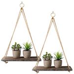 Rustic Shelf 2 Pcs Wooden Floating Shelves with String Rope Hanging Floating Shelves Rustic Distressed Wood Hanging Shelves Wood Wall Decor Swing Rope Floating Shelf with Hooks for Living Room (Large)