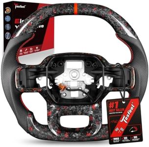 TESFEEL Forged Carbon Fiber Steering Wheel Heated for F150 Raptor Gen 3 (2021-2025), Red Foil Flakes with Matching Trim, Double D, Red Stripe & Stitching, for Raptor with Paddle Shifter Models